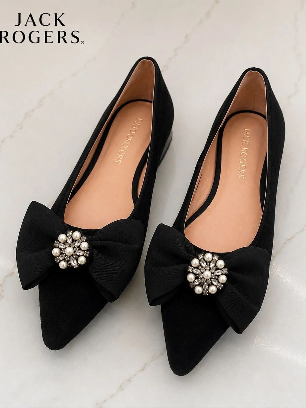 Jack Rogers Black Suede Bow Embellished Pointed Toe Flats – NWOT
